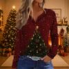 Women's Christmas Print V-Neck Long Sleeve Button Casual T-Shirt Tunic Blouse