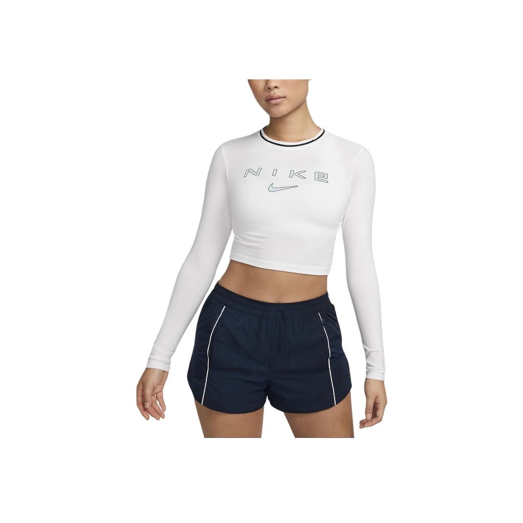 Nike Sportswear Chill Knit Crew Neck Pullover Letter Print Logo Long Sleeve Cropped Top Women Tops White FZ2859-100