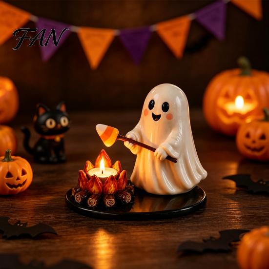 Fall Theme Room Decor Halloween Campfire Tealight Holder, Mummy Ghost Scarecrow Resin Decorative Ornaments Candle Stand for Desk, Harvest Table