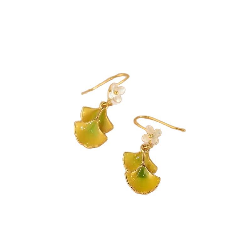 Autumn Drip Glaze Ginkgo Leaf Ear Hook Earrings - Mori Style Fairy Flower Studs, Fashionable Atmosphere Collection.