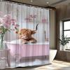 1pc Digital Artistic Cartoon Highland Cow Shower Curtain Pink Bath Vintage Decor Polyester Fabric 12 Hooks
