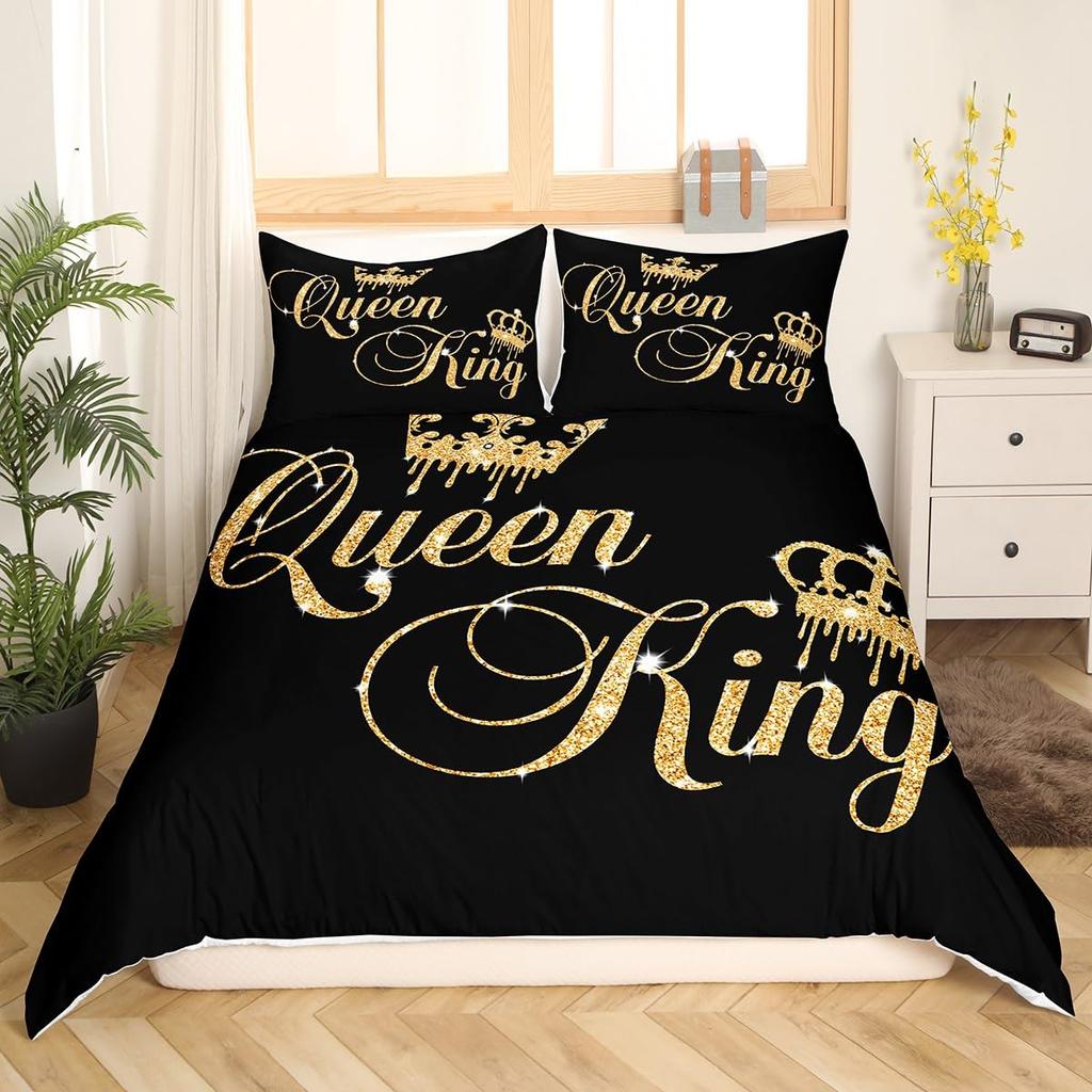 Crown Queen and King Couple Duvet Cover His and Hers Bedding Set Pink Comforter Cover Lover Romantic Valentine's Day Quilt Cover