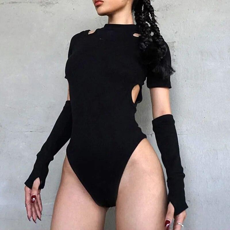 Women's Gothic Y2k Black Cut Sexy Summer Tight Top with Gloves Street Wear