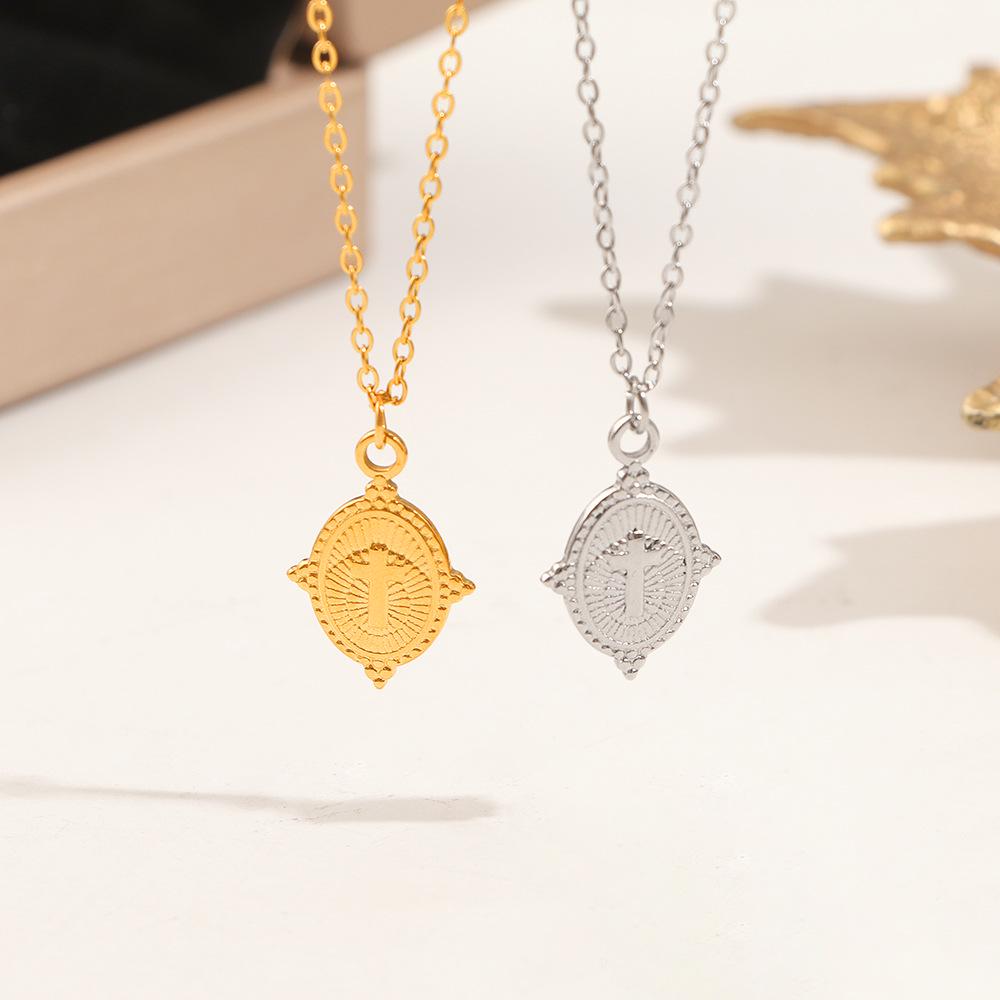Unisex Oval Plate Cross Necklace: European & American Hip Hop Style in Stainless Steel