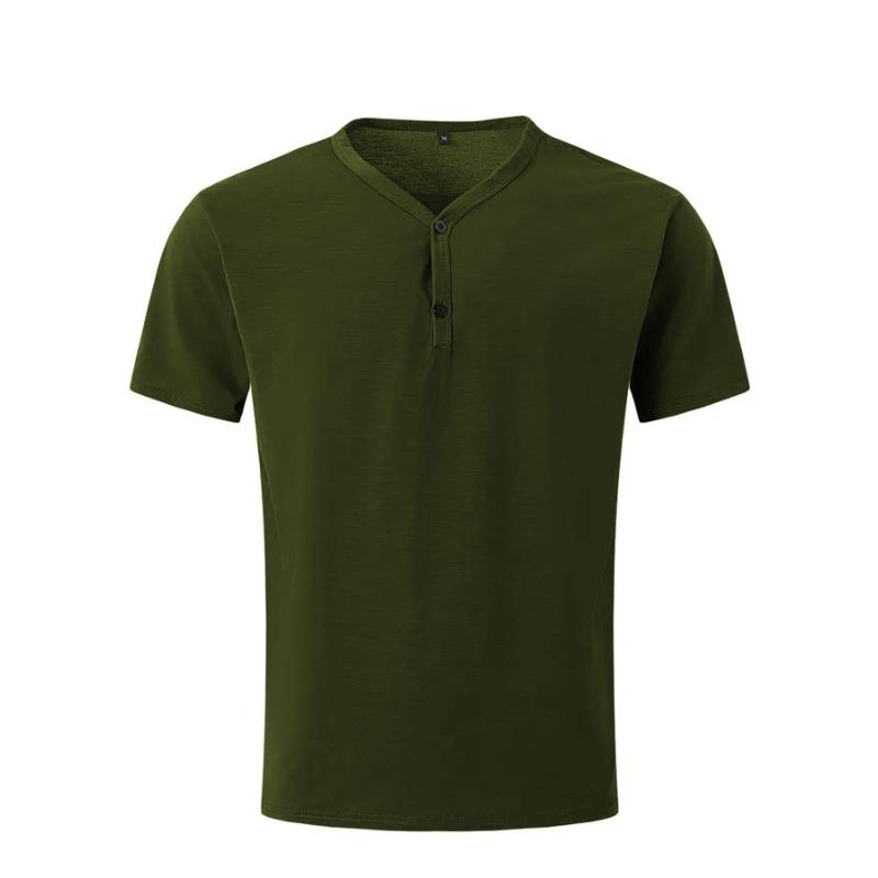 Solid Color V-neck Breathable Sweat Wicking Casual Sports Top Button Short Sleeved Men's T-shirts