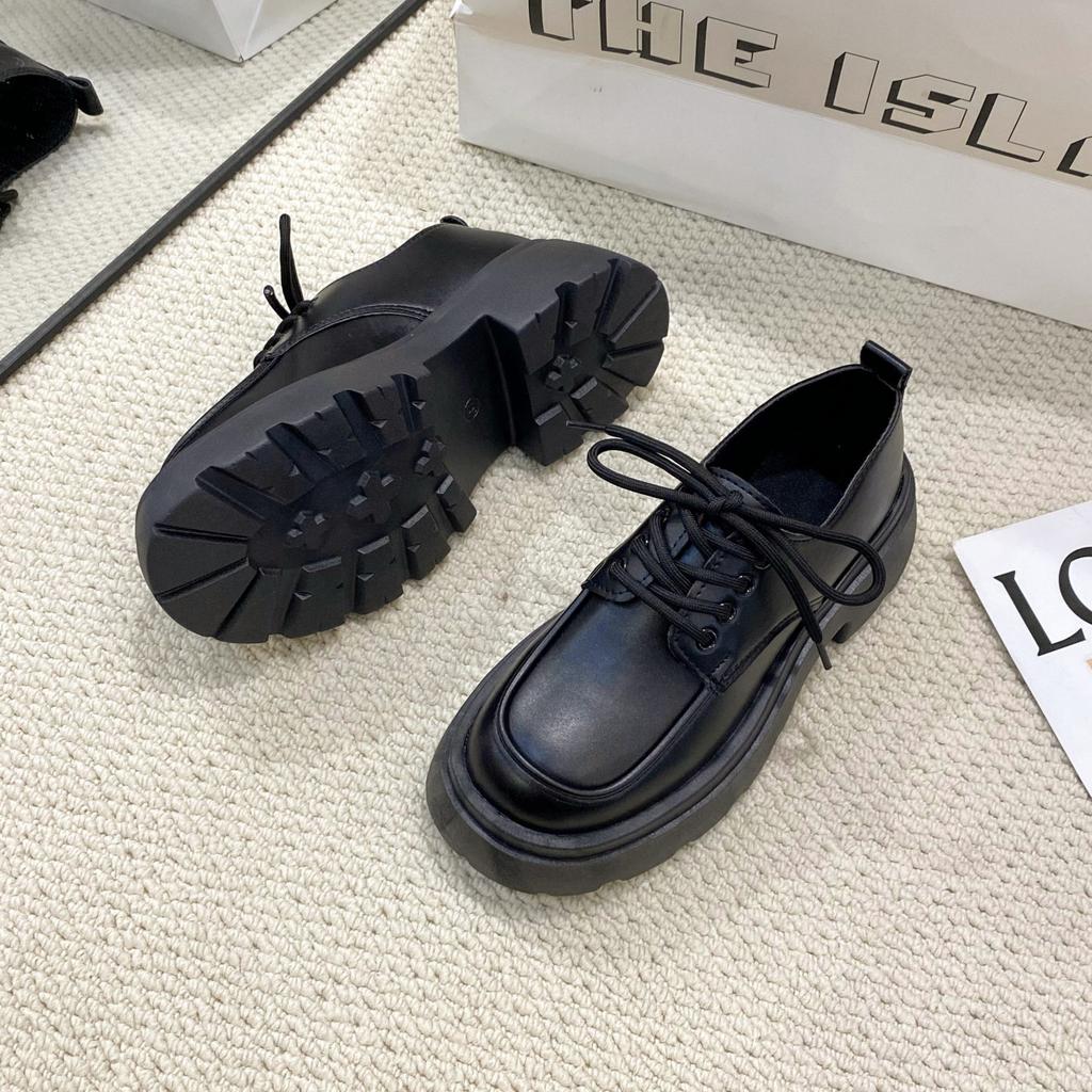 Platform Loafer Small Leather Shoes 2025 Spring New Retro British Style Black Versatile with Skirt Lace-up Small Leather Shoes