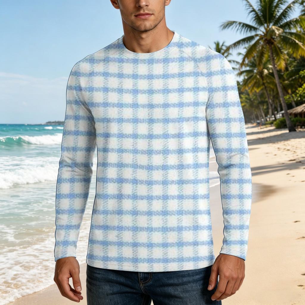 Men Long Sleeve UPF 50 Plus Sun Protection Shirt Outdoor Sports Fishing Casual Top Lightweight Breathable Quick Dry Crewneck Plaid Design