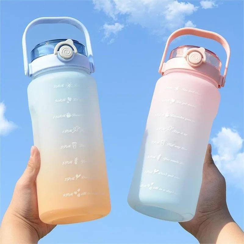2L Frosted Active Water Bottle Motivational Time Marker Drinking Bottles Spacious Gradient Plastic Water Cup For Outdoor Use