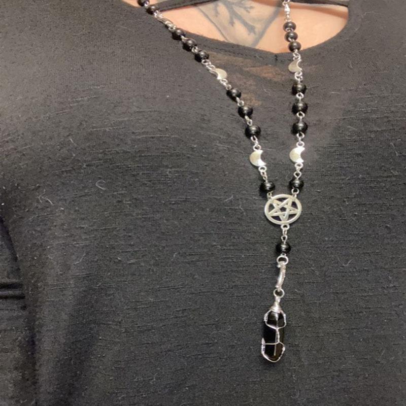 Pagan Rosary, Prayer Beads, Black Onyx Pentagram Necklace, Beaded Trad Goth Necklace