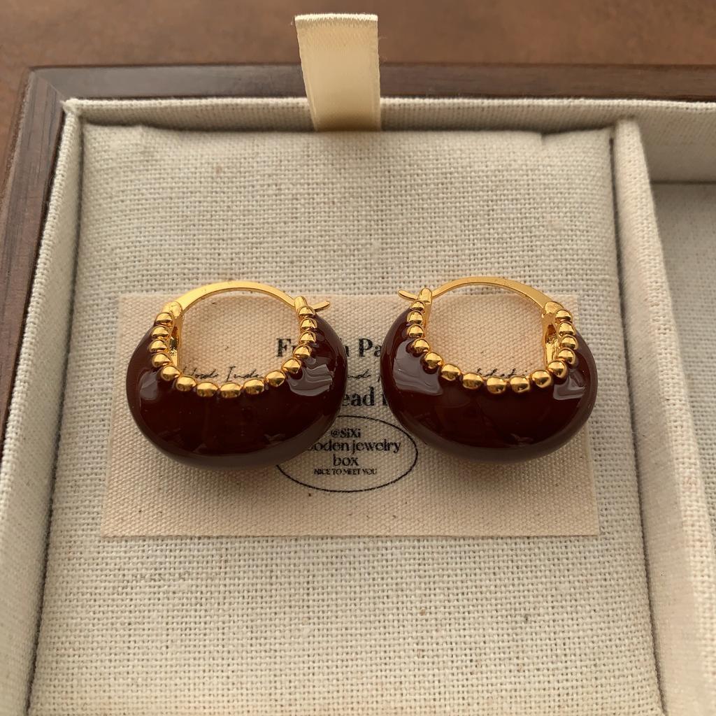 Burgundy Enamel Flower Ring Earrings Earrings Women'S Fashion Personality Temperament Advanced Sense Light Luxury Exquisite Autumn And Winter Earrings