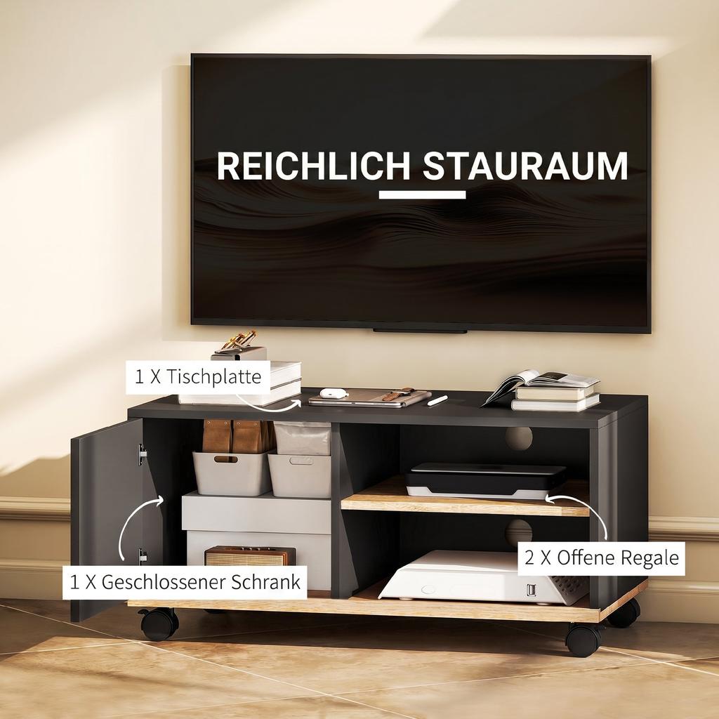 TV Stand On Casters with Brakes, TV Cabinet with Cupboard and Adjustable Shelf, Black and Oak
