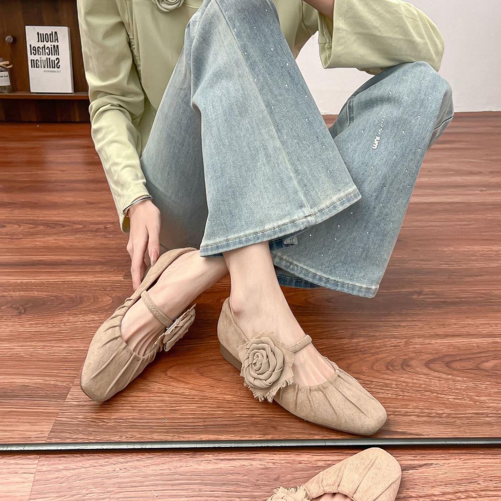 Yuanlitong autumn new camellia temperament single shoes women's retro style wrinkle sense word with soft sole flat shoes