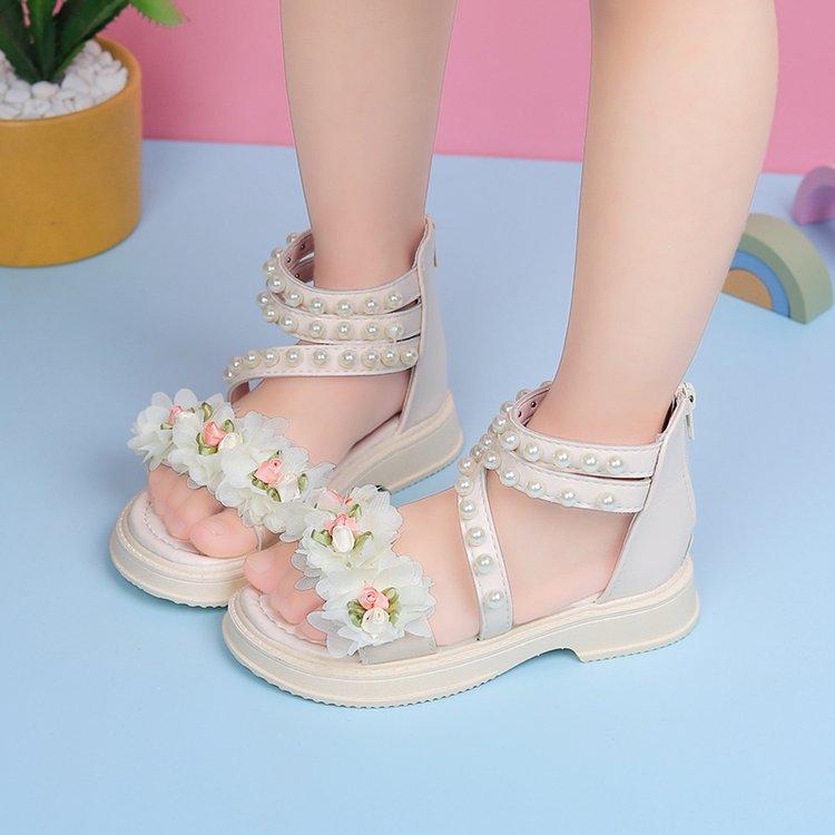 Children's Beach Shoes Breathable Summer Girls Flowers Sweet Cute Sandals Soft Sole Roman Shoes Middle Older Kids Princess Shoes
