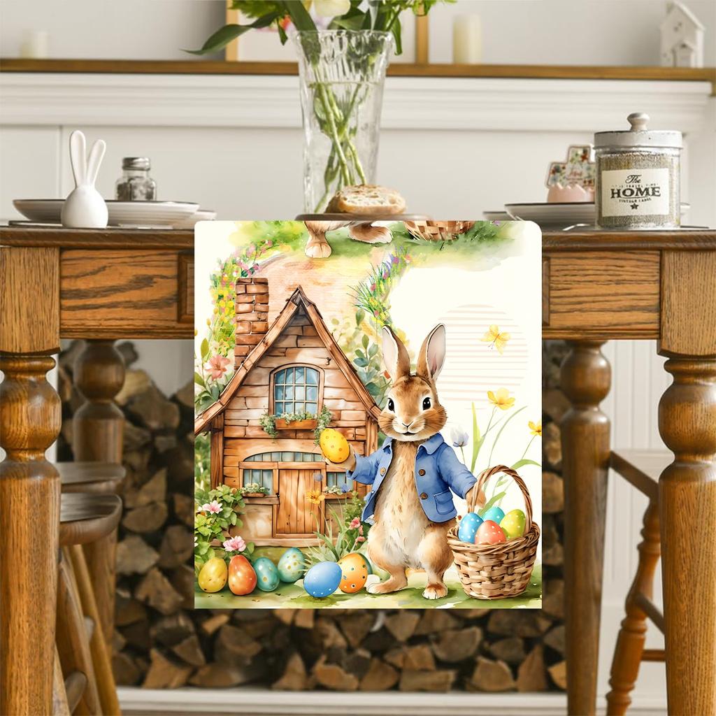Vintage Easter Bunny Table Runner Polyester Rabbit Eggs Flower Table Flag Easter Decorations For Home Kitchen Dining Table Decor