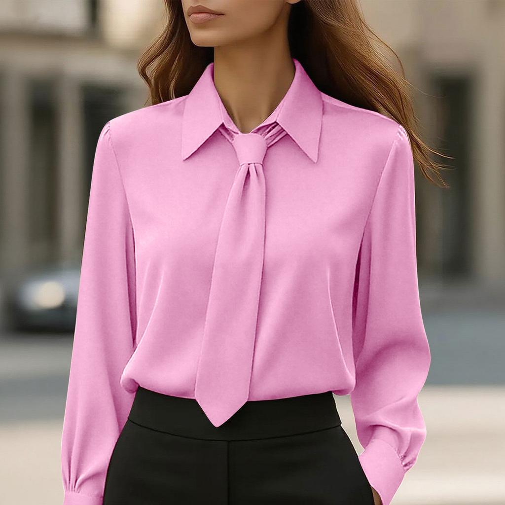 Women's Fashion -Color Button-Down Tie-Front Long-Sleeve Shirt Loose-Fit Top
