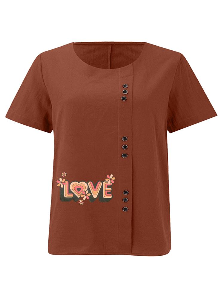 Women's Fashion Love Letters Print Casual Cotton Linen Short Sleeve Round Neck T-shirt Shirt Leisure Loose Summer Blouse Tops