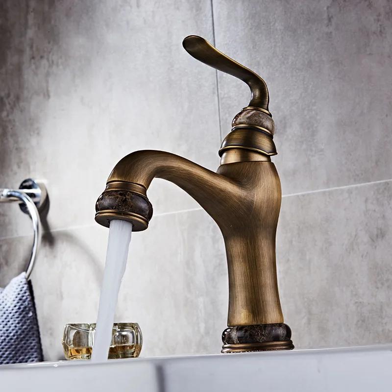 Luxury Jade Basin Faucet Antique Brass Hot and Cold Water Mixer Tap Deck Mounted Wash Basin Mixer Taps Bathroom Toneira Brass