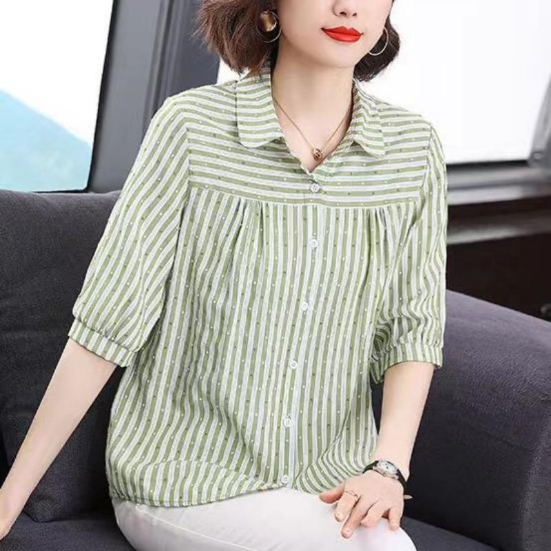

Хлопковая полосатая рубашка с рукавами пять четвертей для женщин, свободная рубашка с короткими рукавами для летней одежды, самые модные блузки для женщин среднего возраста, рубашки XL зелёный