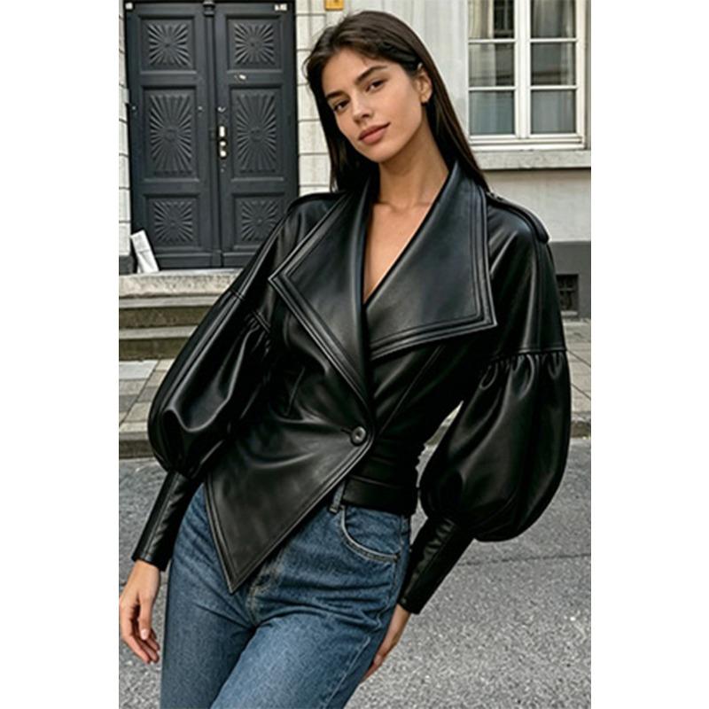 Women Black Faux Leather Jacket Wide Lapel Lantern Sleeve Slim Fit