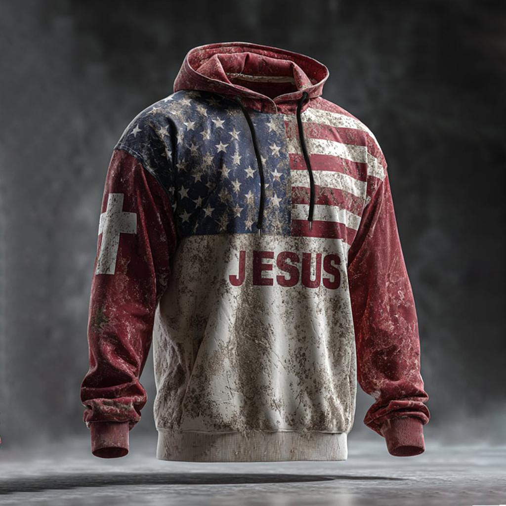 Men's Vintage Casual American Flag Cross Hoodie Patriotic Shirt