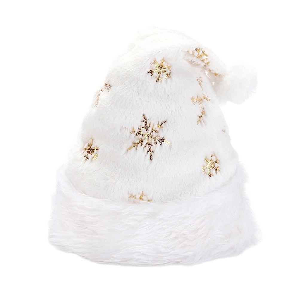 2025 NEW 32*40cm White Plush Christmas Hat Gold Silver Beads Embroidered Adult Christmas Hat Holiday Home Decorations
