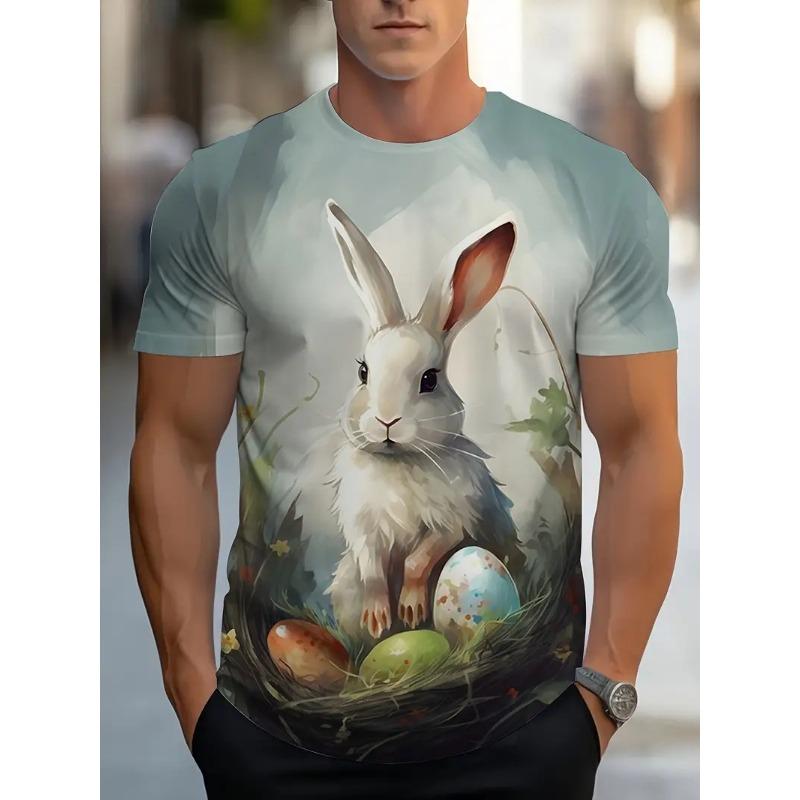 Men's Easter Bunny Tshirt Tops 3D Print Cute Rabbit With Eggs T Shirt For Men New In Round Neck Short Sleeve Tee Shirts