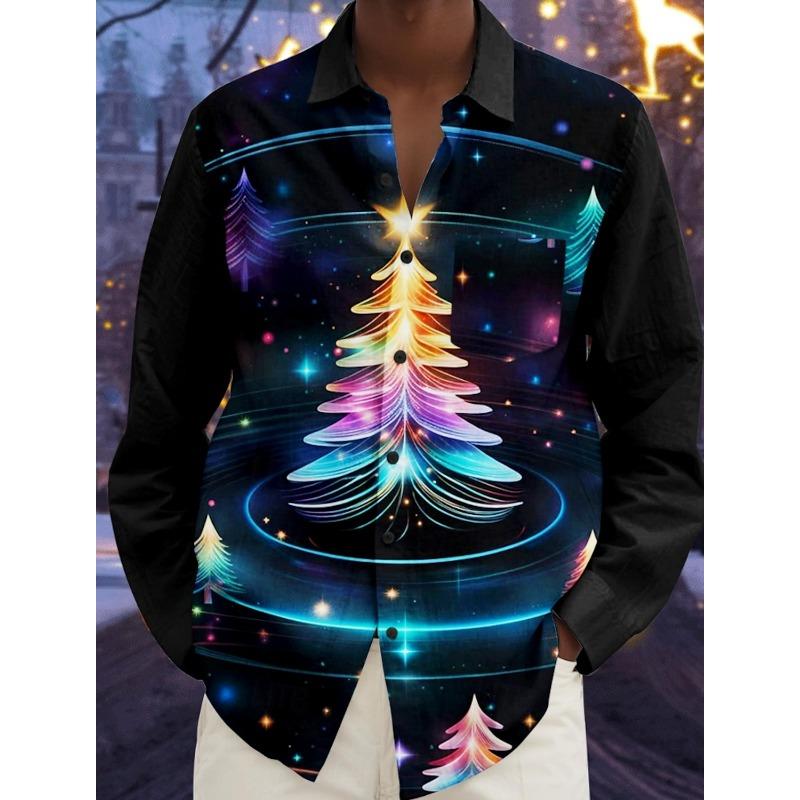 Camicie da Uomo a Tema Natalizio con Stampa Alberi di Natale Grafiche Degradé Fiocchi di Neve Camicie a Manica Lunga Button-Up Top alla Moda