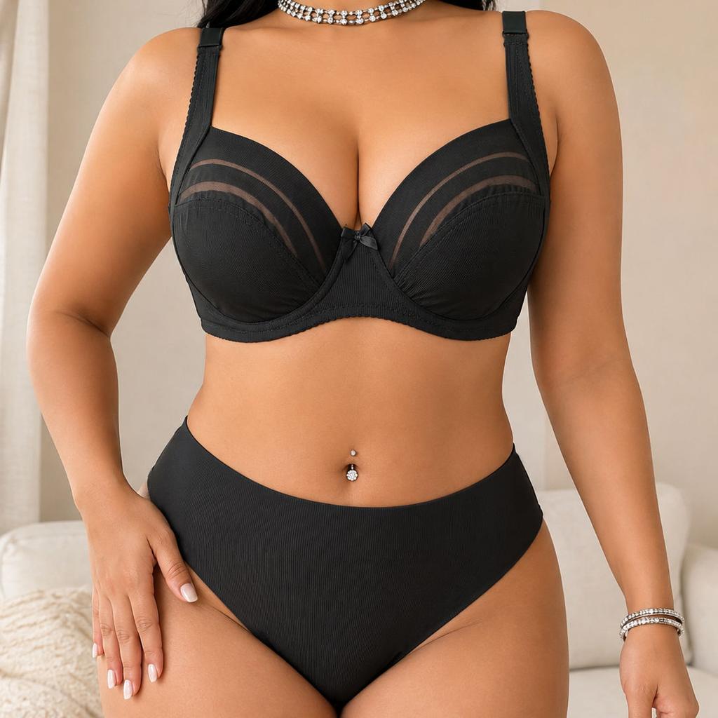 Plus Size Women Bra Set Underwire Thin Cup Mesh Sheer Lingerie Set Breathable Push Up Brassiere Panty Set 85C-110C 85D-110D