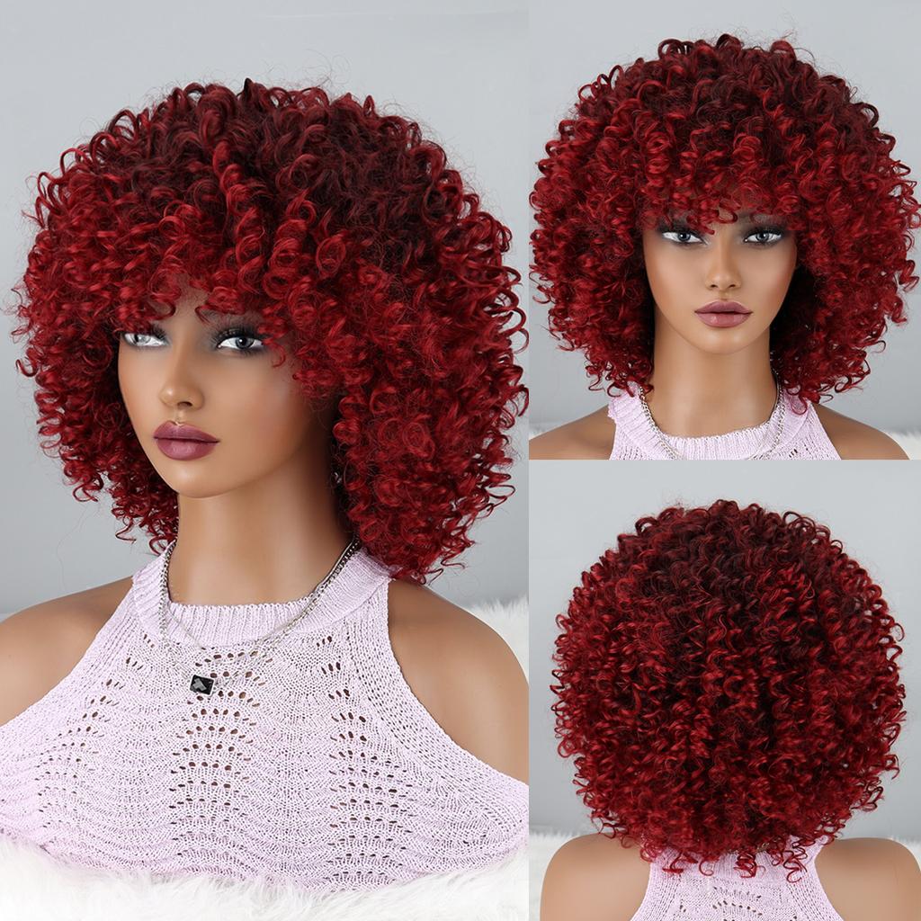 Curly Wigs for Women -Curly Wig with Bangs Natural Black Hair Synthetic Heat Resistant Full Wigs