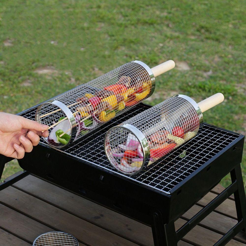

2/3Pcs Set Stainless Steel Rolling Grilling Basket Cylinder Barbecue Rack Barbecue Cage Picnic S-2pcs set