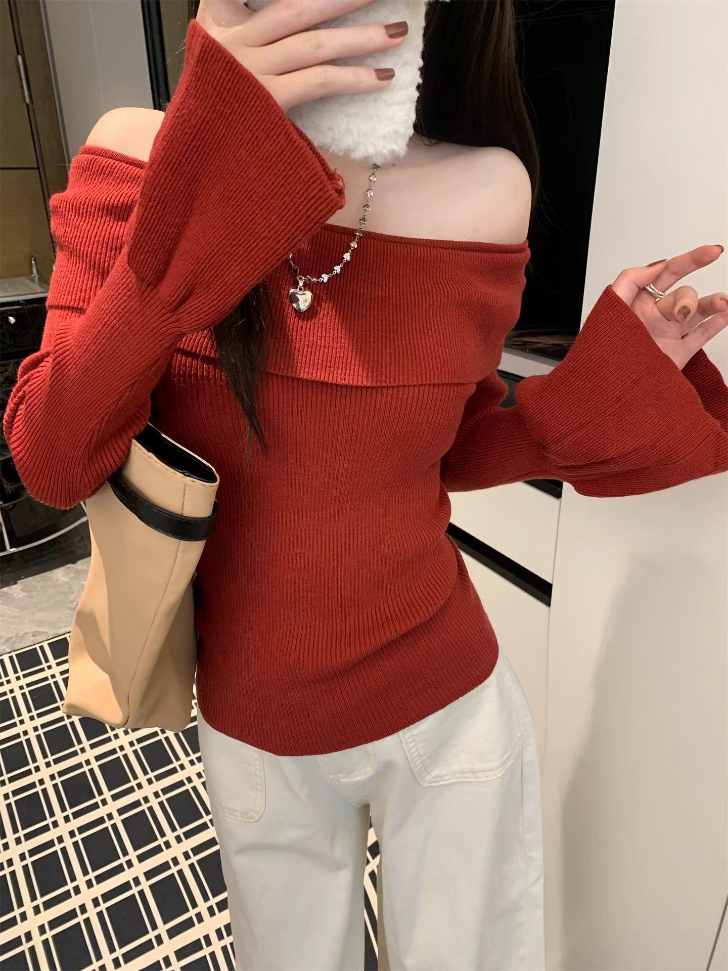 Spicy Girl One-Shoulder Bell Sleeve Knit Top - Elegant Slim-Fit for Spring & Autumn One Size красный
