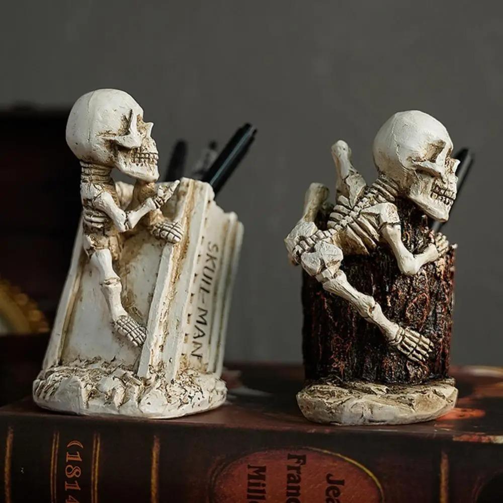 Funny Halloween Skull Pen Holder Scary Skeleton Statue Ornament Home Desktop Decoration