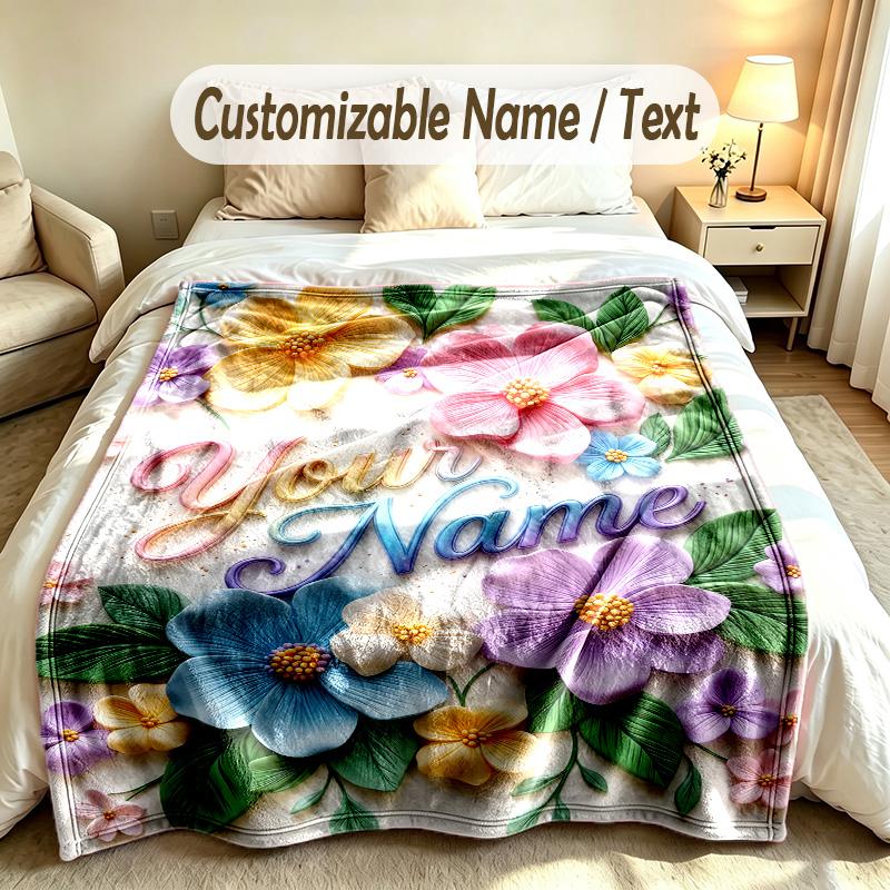 Floral Garden Theme Soft Blanket Personalized Custom Name Text Print Warm Blanket Home Sofa Bedroom Decor