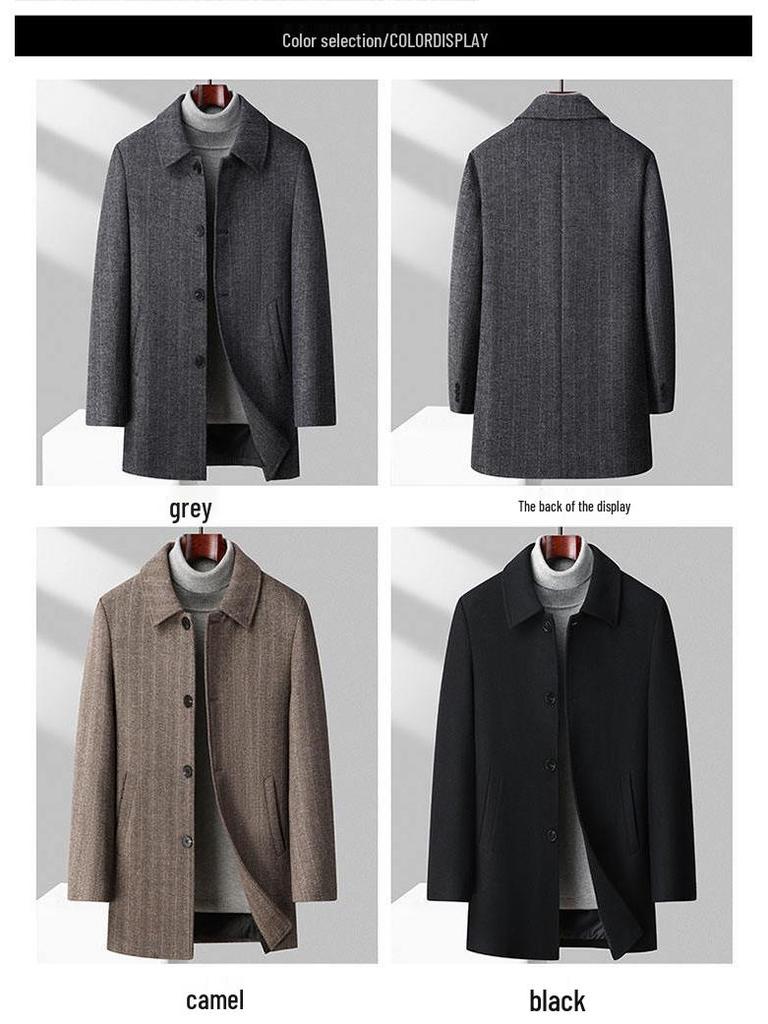 Men's Thickened Woolen Coat with Cotton Padding, Classic Striped Outerwear for Middle-Aged & Elderly, Dad's Style for Autumn/Winter.