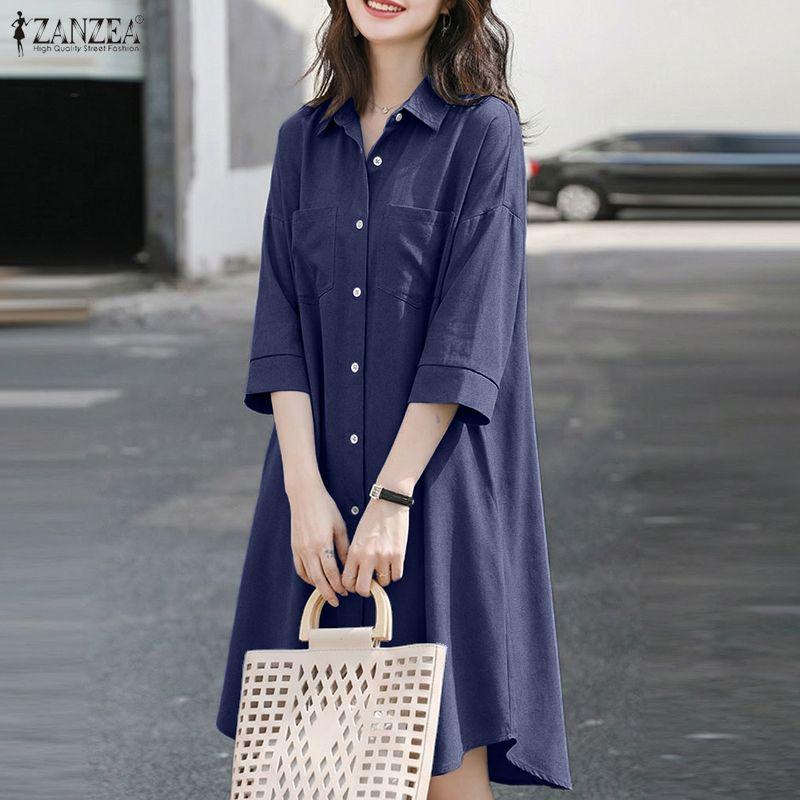 ZANZEA Abito Chemisier Casual Lento da Donna con Collo a Revers e Maniche a 3/4