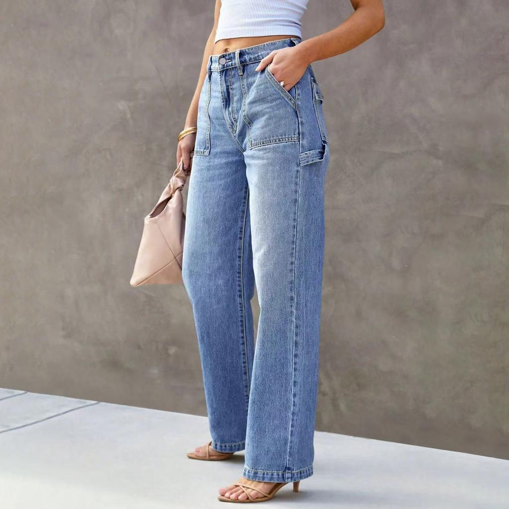 Women's Mid- Stretch Jeans Fashion Straight Leg Denim Pants With Pockets