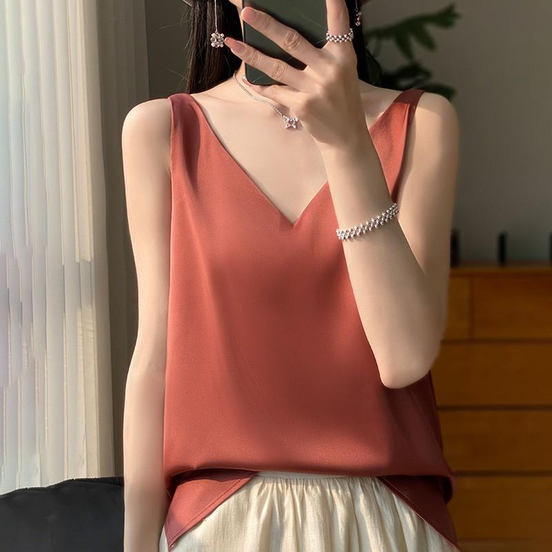 Women's Spring and Summer Solid Color Loose Silk Satin Halter Bottoming Shirt Simple Casual Sleeveless Tops