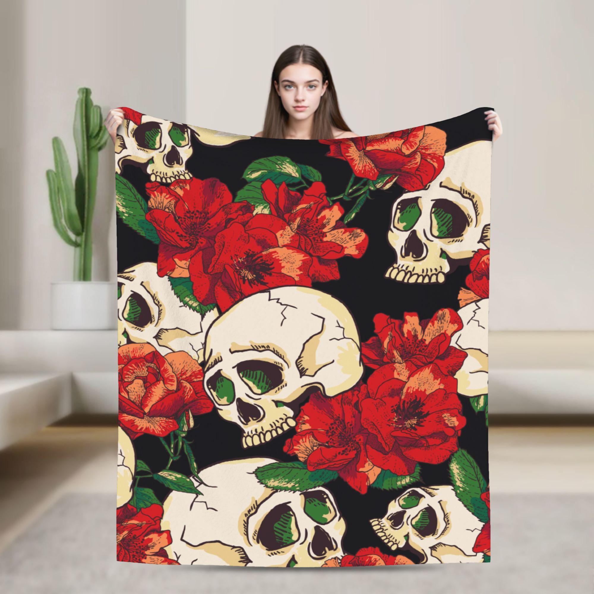 

Floral Skull Blanket Cover Psychedelic Fashionable Flannel Throw Blanket Summer Air Conditioning Decoration Soft Warm Bedsprea 100x150cm