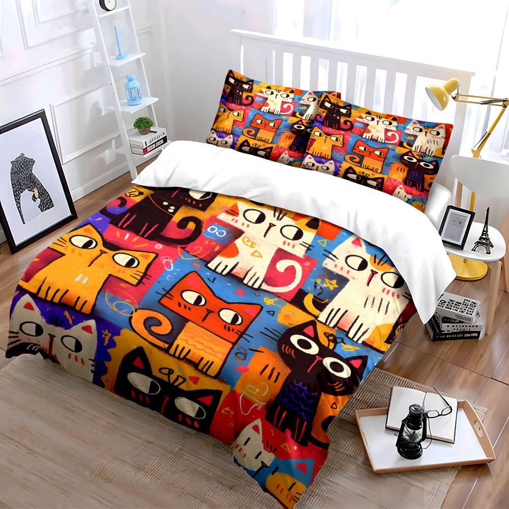 Colorful Cartoon Cat Pattern Bedding Duvet Cover Set (1*Duvet Cover 2*Pillowcases, without duvet insert)