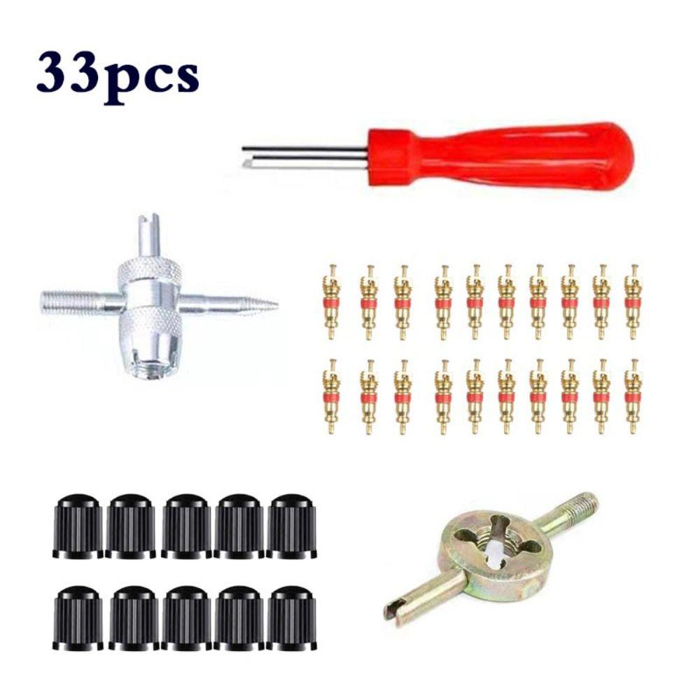 33Pcs Multi Function Tire Valve Repair Tool Kit Rust-proof Valve Stem Core Remover Tool  Motorcycles