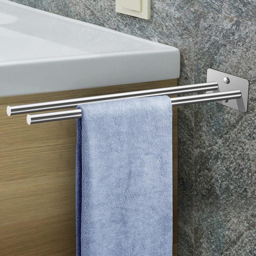 Stainless Steel Towel Holder No Drill Wall Shower Towel Shelf Kitchen Towel Hanger Self Adhesive Double Bar Bathroom Towel Rack