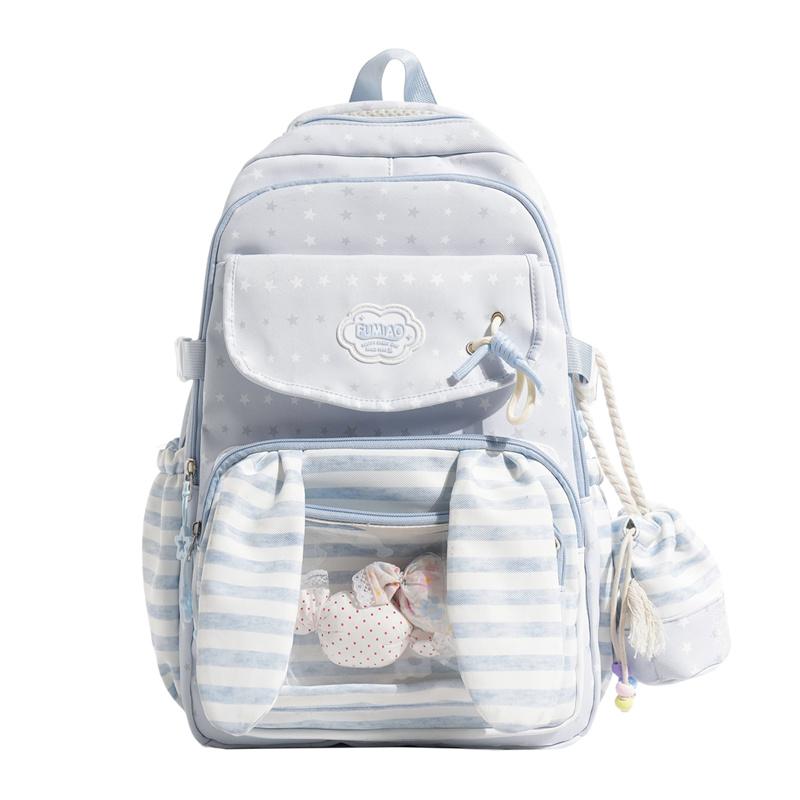 Cute Bunny Ear School Backpack with Clear Front Pocket Top Handle Casual Daypack for Girls Daily Use