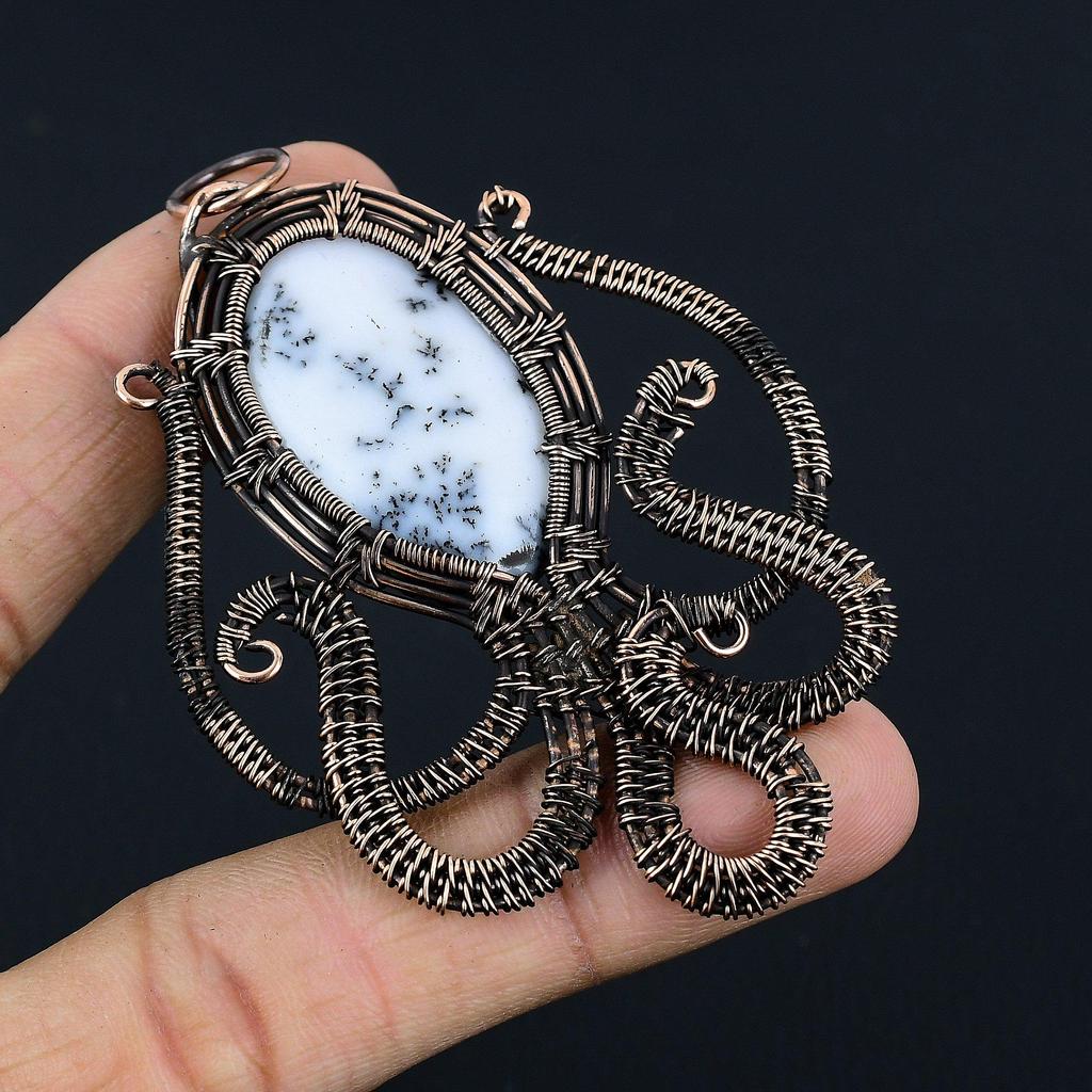 Dendrite Opal 999 Copper Wire Wrapped Pendant, Handmade Gemstone Jewelry Pendant Gift For Birthday