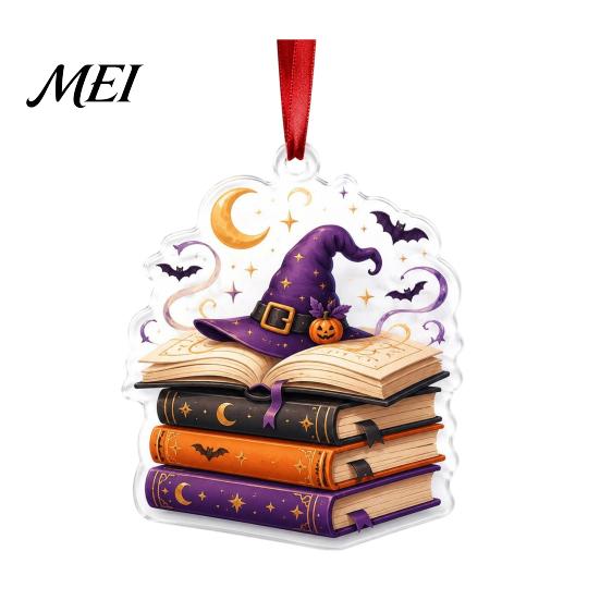 Holiday Party Decoration Halloween Reading Ghost Hanging Ornament, Acrylic Holding Book Pumpkin Festive Decorations Black Cat Mummy Decor, 2D Cartoon
