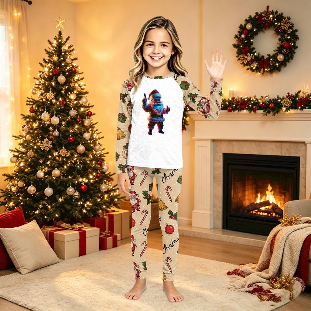 Family Matching Christmas Print Long Sleeve Neck Set with Pants for Kids and Adults