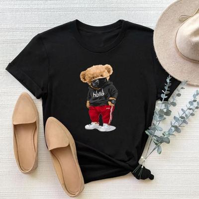 T-shirt Nera Divertente con Stampa Orso da Donna Ragazza Estate Y2K Harajuku Top Casual Maglietta Streetwear Femminile Abbigliamento Lady