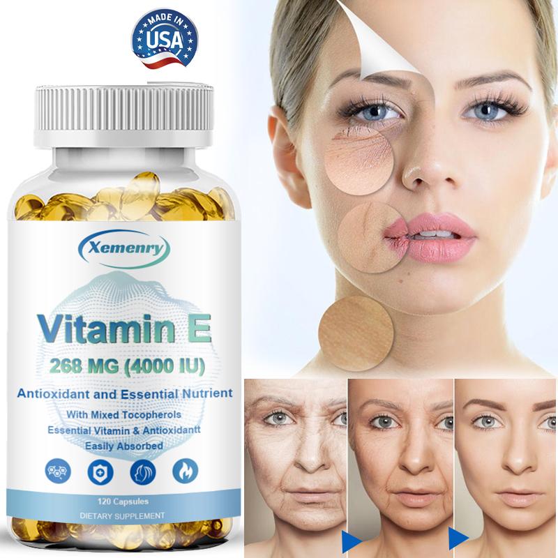 Vitamin E capsules, support antioxidant protection, all-natural, non-GMO, vegetarian, suitable for both men and women.