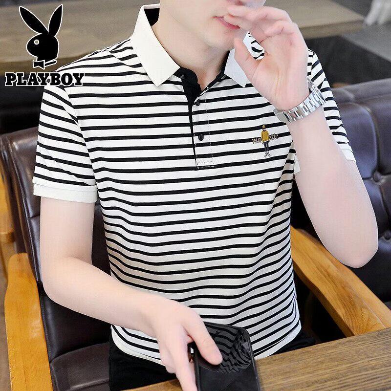 PLAYBOY Men s Striped Slim-Fit Ice Silk Polo Shirt L