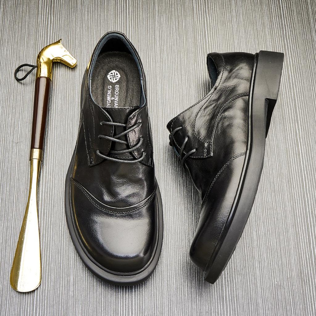 Men'S Leather Low-Top Leather Shoes Round Head Platform Soft Leather Lace-Up Casual Business Shoes Trendy Versatile Small Leather Shoes