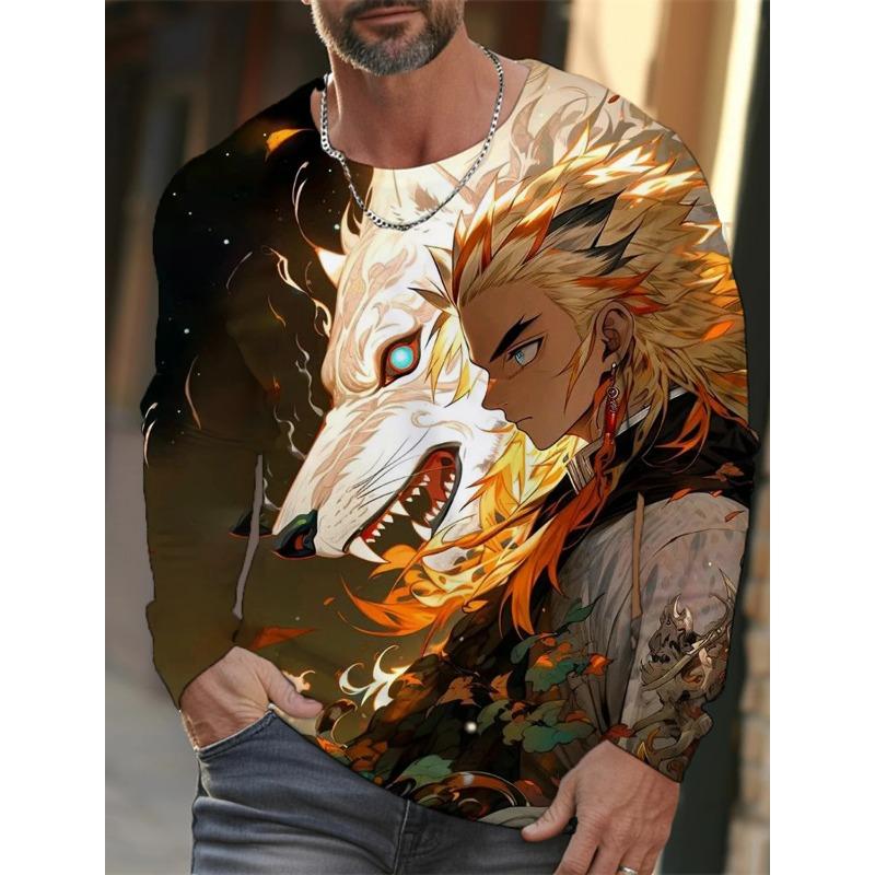 

Spring and Autumn Round Neck 3D Demon Slayer Series Graphic Printed Top Fashionable Casual Long Sleeved Men s T-shirts S